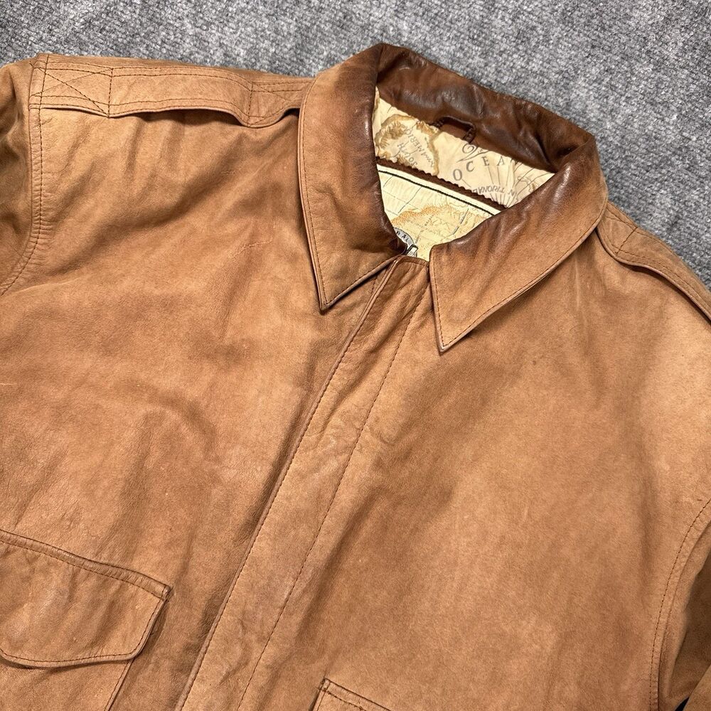 G-111 Global Identity Leather Bomber Jacket Vintage Map Lined Men’s Medium